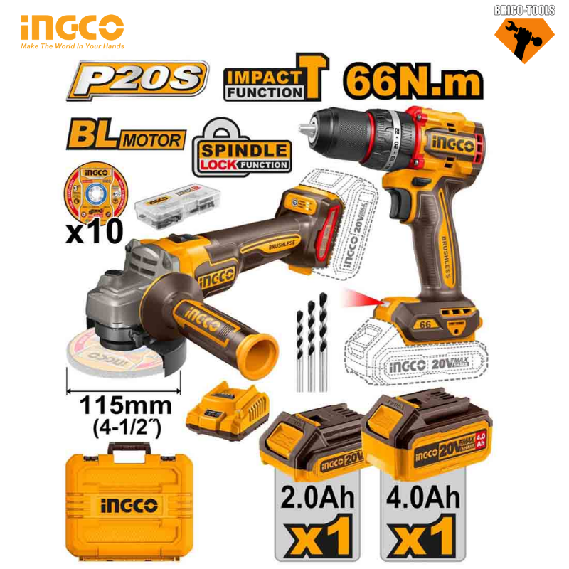 PACK VISSEUSE + MEULE A DISQUE 20V BRUSHLESS INGCO CKLI20273