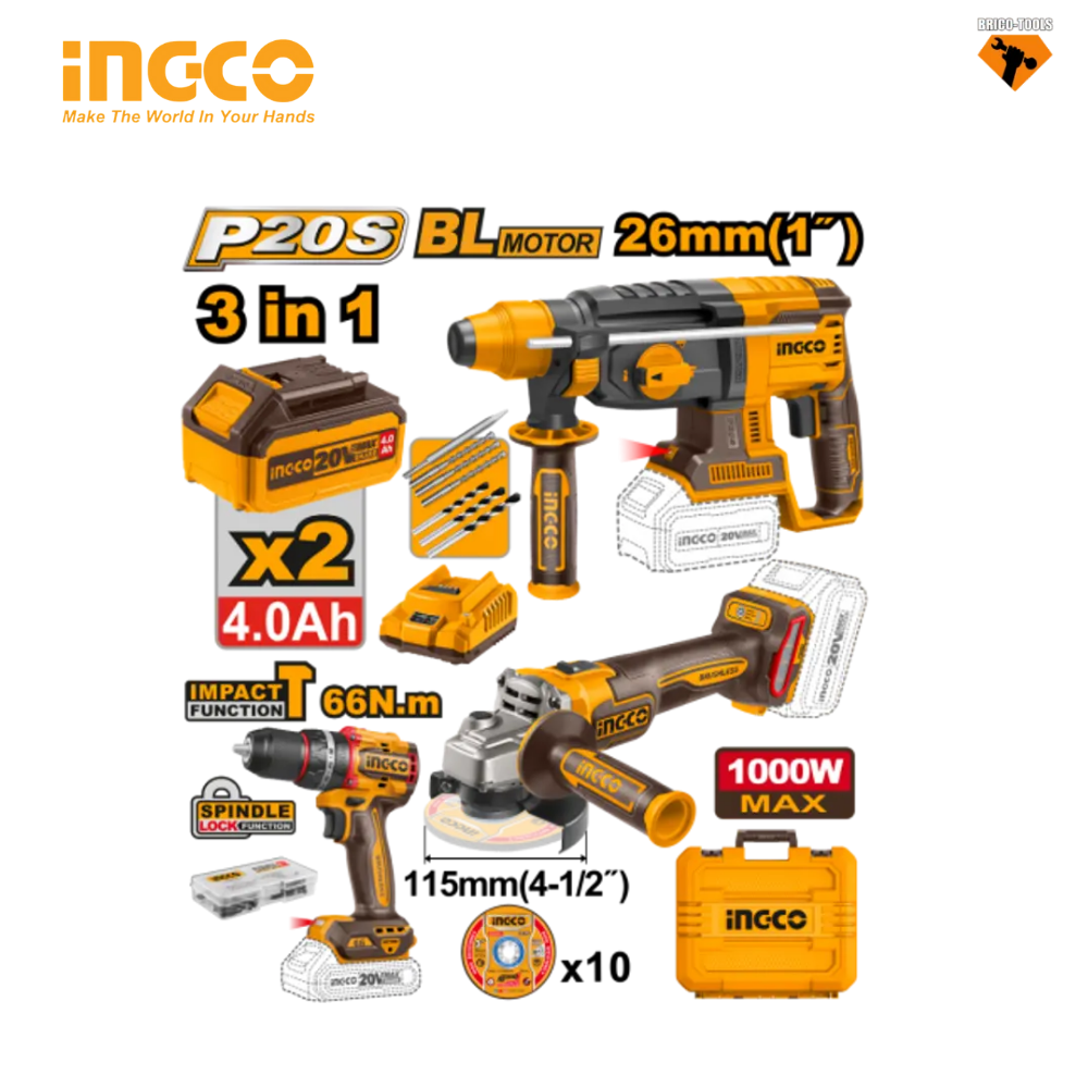 PACK 3 PCS INGCO MARTAUX + VISSEUSE + MEULE COSLI241198