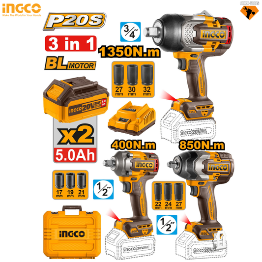 Kit Combiné Sans Fil INGCO 20V : 3 Clés à Choc Industrielles Haute Performance