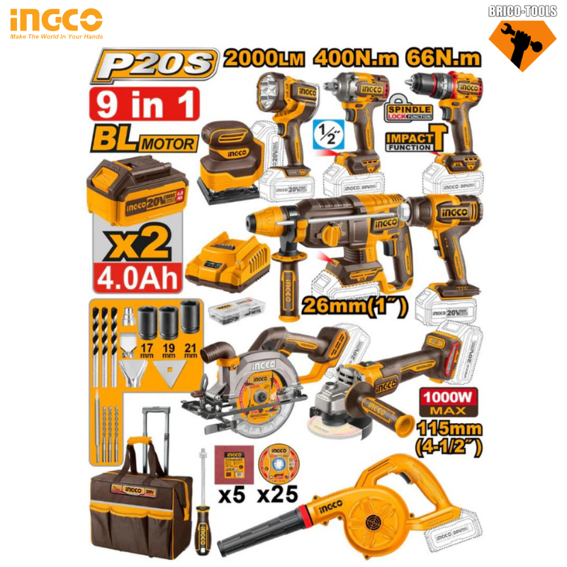 INGCO 9 PIECE CORDLESS INDUSTRIAL COMBO KIT COSLI250381
