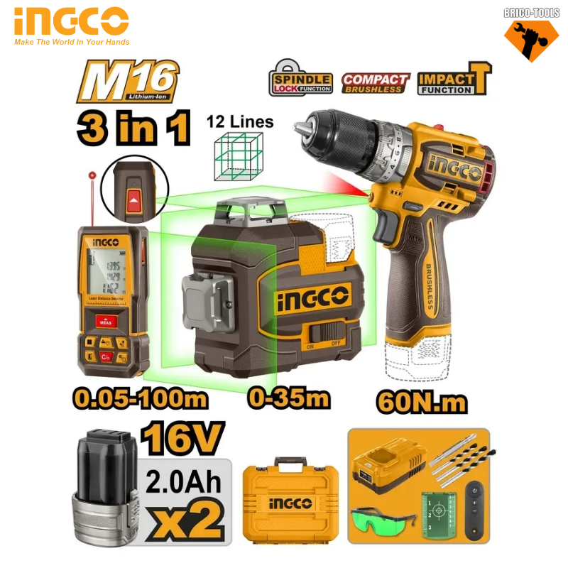 COMBO KIT 3EN1 ME 2 BATTERIES 16V/2.0AH  INGCO COSLI250101